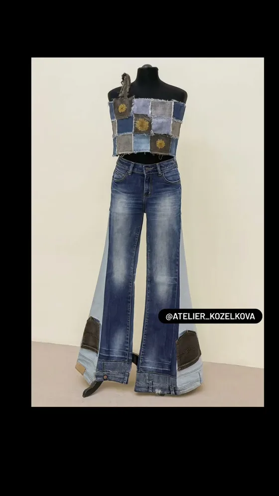 Ensemble en jean patchwork, Vêtements fait main au Maroc