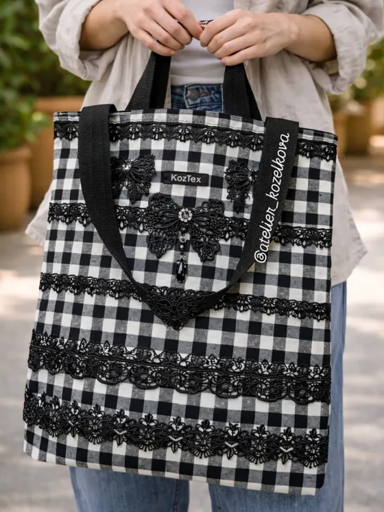 Cabas vichy dentelle, Sacs fait main au Maroc